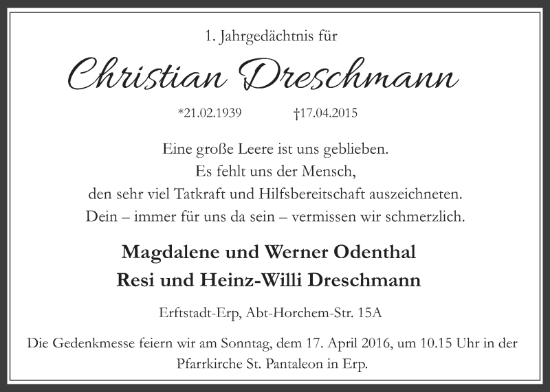  Traueranzeige für Christian Dreschmann vom 13.04.2016 aus  Werbepost 