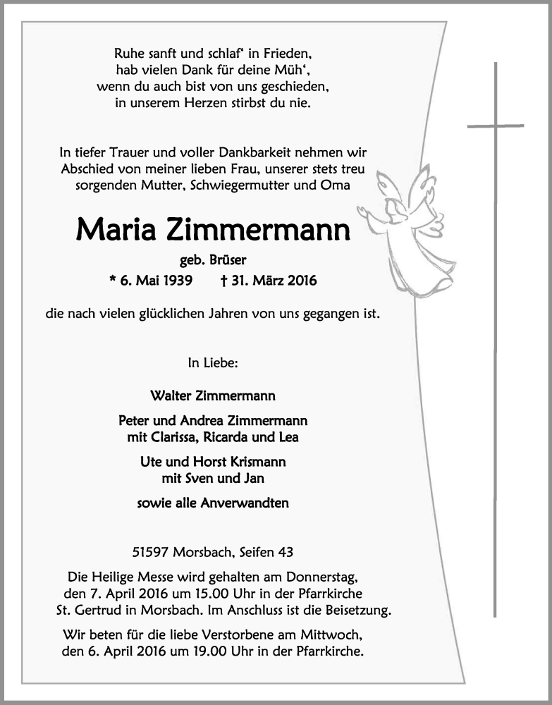  Traueranzeige für Maria Zimmermann vom 02.04.2016 aus Kölner Stadt-Anzeiger / Kölnische Rundschau / Express