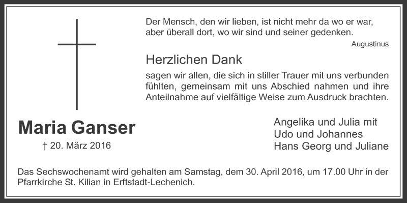  Traueranzeige für Maria Ganser vom 20.04.2016 aus  Werbepost 