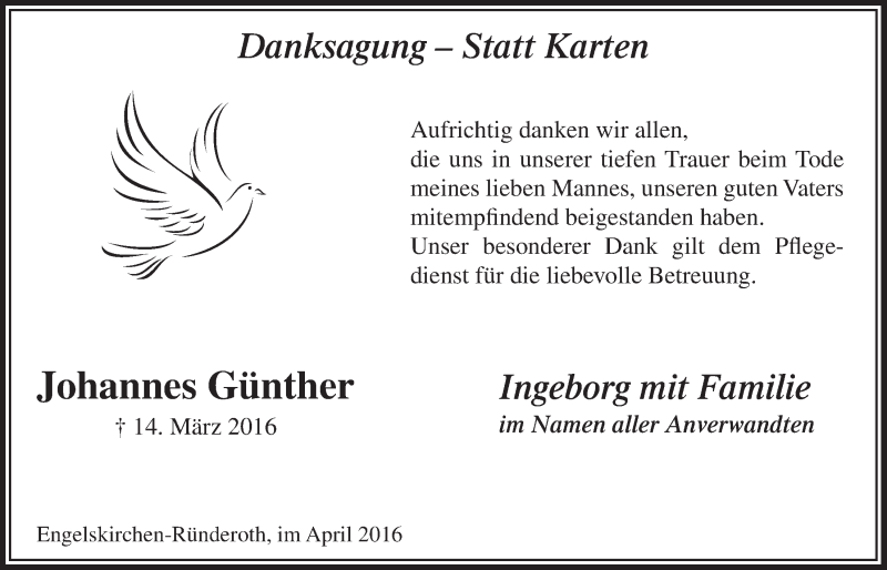  Traueranzeige für Johannes Günther vom 20.04.2016 aus  Anzeigen Echo 