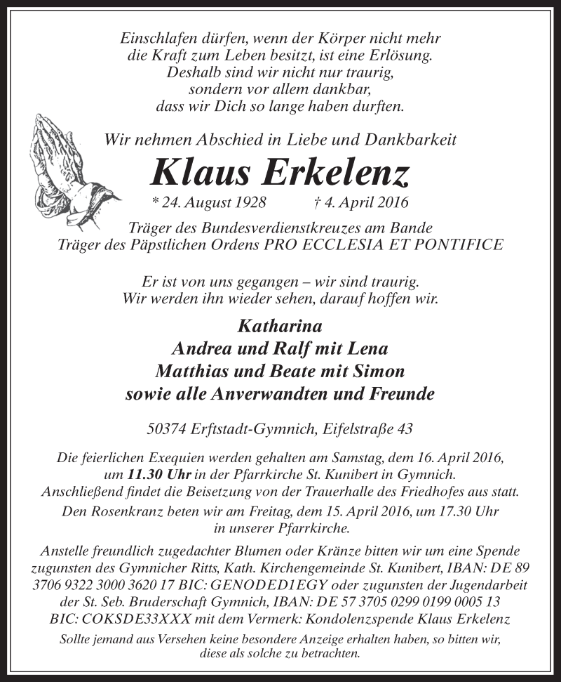 Traueranzeige für Klaus Erkelenz vom 13.04.2016 aus  Werbepost 