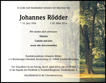 Anzeige von Johannes Rödder von Kölner Stadt-Anzeiger / Kölnische Rundschau / Express