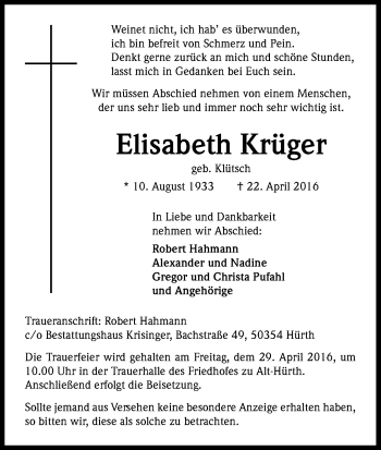 Anzeige von Elisabeth Krüger von Kölner Stadt-Anzeiger / Kölnische Rundschau / Express