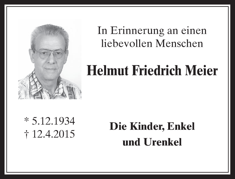  Traueranzeige für Helmut Friedrich Meier vom 06.04.2016 aus  Wochenende 