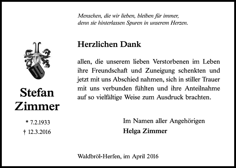  Traueranzeige für Stefan Zimmer vom 27.04.2016 aus  Lokalanzeiger 