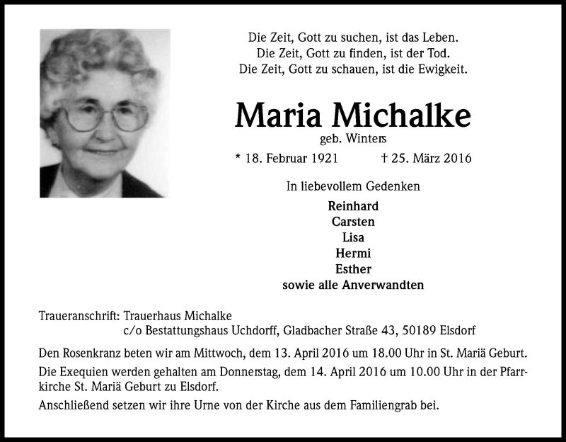  Traueranzeige für Maria Michalke vom 09.04.2016 aus Kölner Stadt-Anzeiger / Kölnische Rundschau / Express