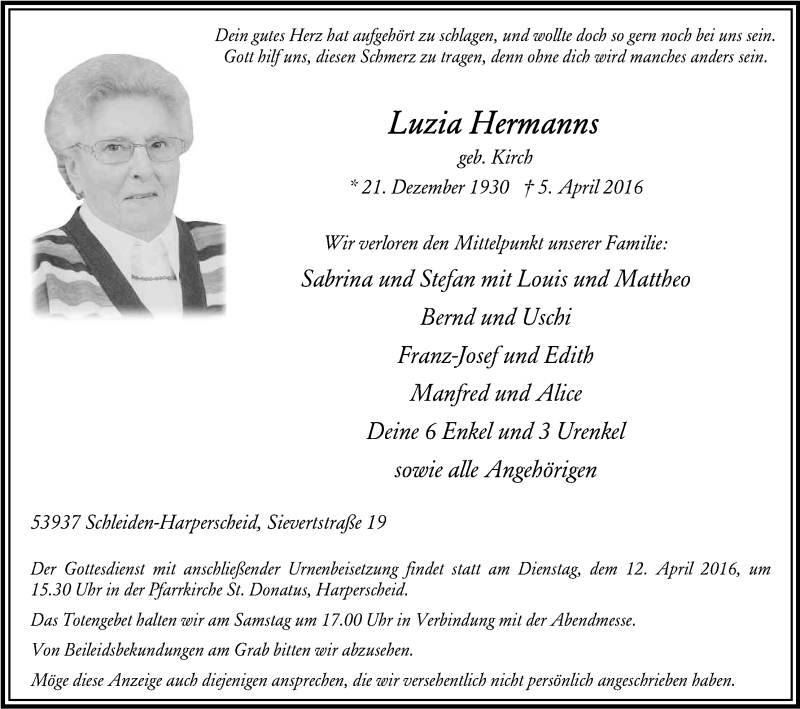 Traueranzeige für Luzia Hermanns vom 08.04.2016 aus Kölner Stadt-Anzeiger / Kölnische Rundschau / Express