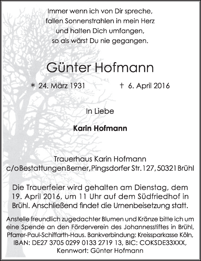  Traueranzeige für Günter Hofmann vom 13.04.2016 aus  Schlossbote/Werbekurier 
