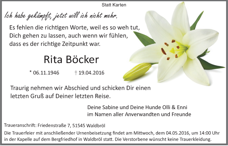  Traueranzeige für Rita Böcker vom 27.04.2016 aus  Lokalanzeiger 