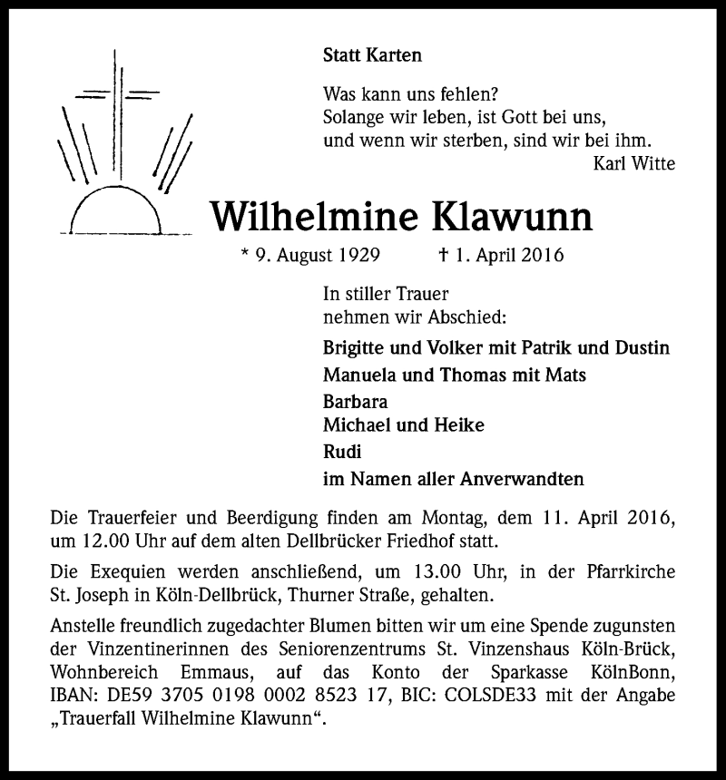  Traueranzeige für Wilhelmine Klawunn vom 06.04.2016 aus Kölner Stadt-Anzeiger / Kölnische Rundschau / Express
