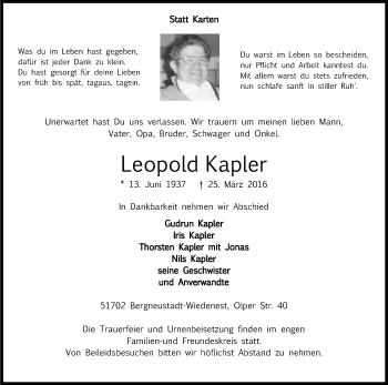 Anzeige von Leopold Kapler von Kölner Stadt-Anzeiger / Kölnische Rundschau / Express