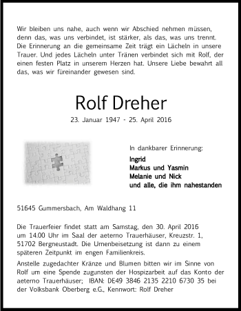 Anzeige von Rolf Dreher von Kölner Stadt-Anzeiger / Kölnische Rundschau / Express
