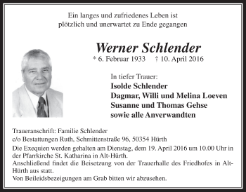 Anzeige von Werner Schlender von  Wochenende 