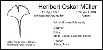 Anzeige von Heribert Oskar Müller von Kölner Stadt-Anzeiger / Kölnische Rundschau / Express