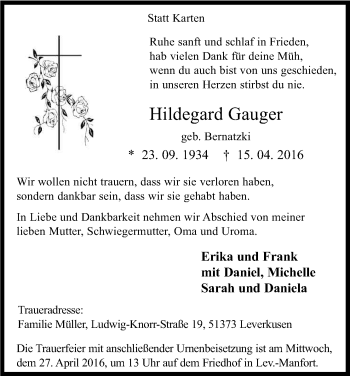 Anzeige von Hildegard Gauger von Kölner Stadt-Anzeiger / Kölnische Rundschau / Express