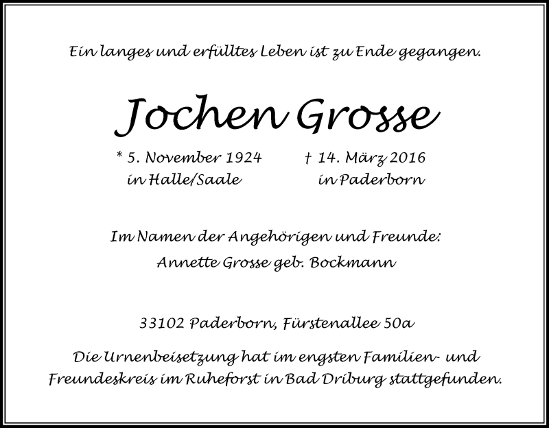  Traueranzeige für Jochen Grosse vom 02.04.2016 aus Kölner Stadt-Anzeiger / Kölnische Rundschau / Express
