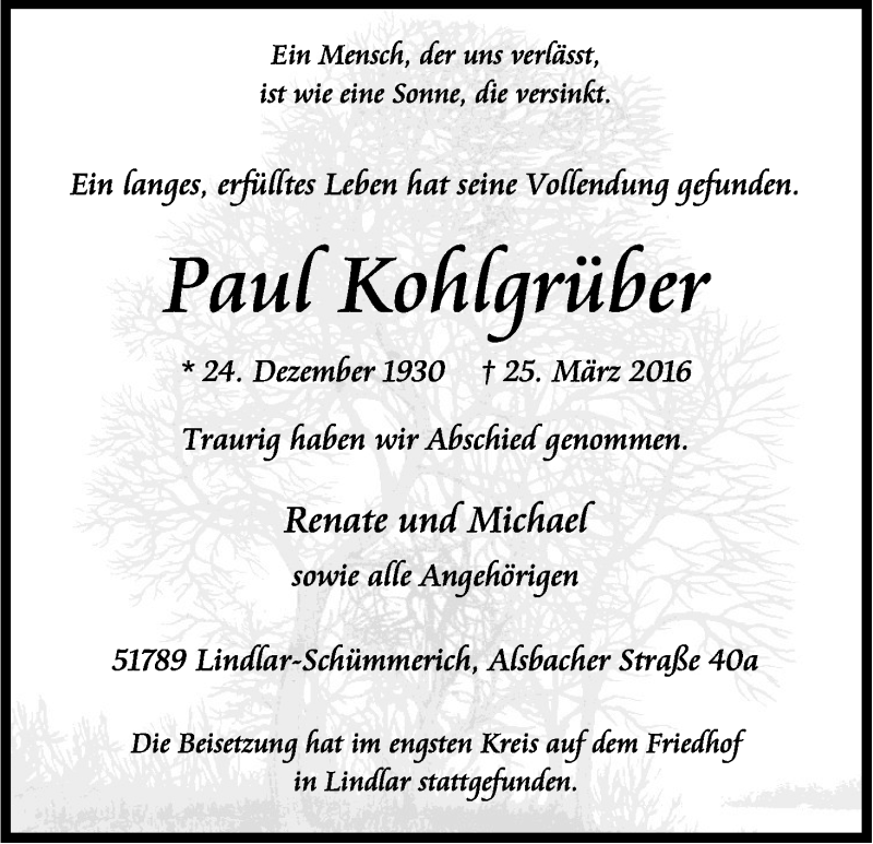  Traueranzeige für Paul Kohlgrüber vom 09.04.2016 aus Kölner Stadt-Anzeiger / Kölnische Rundschau / Express