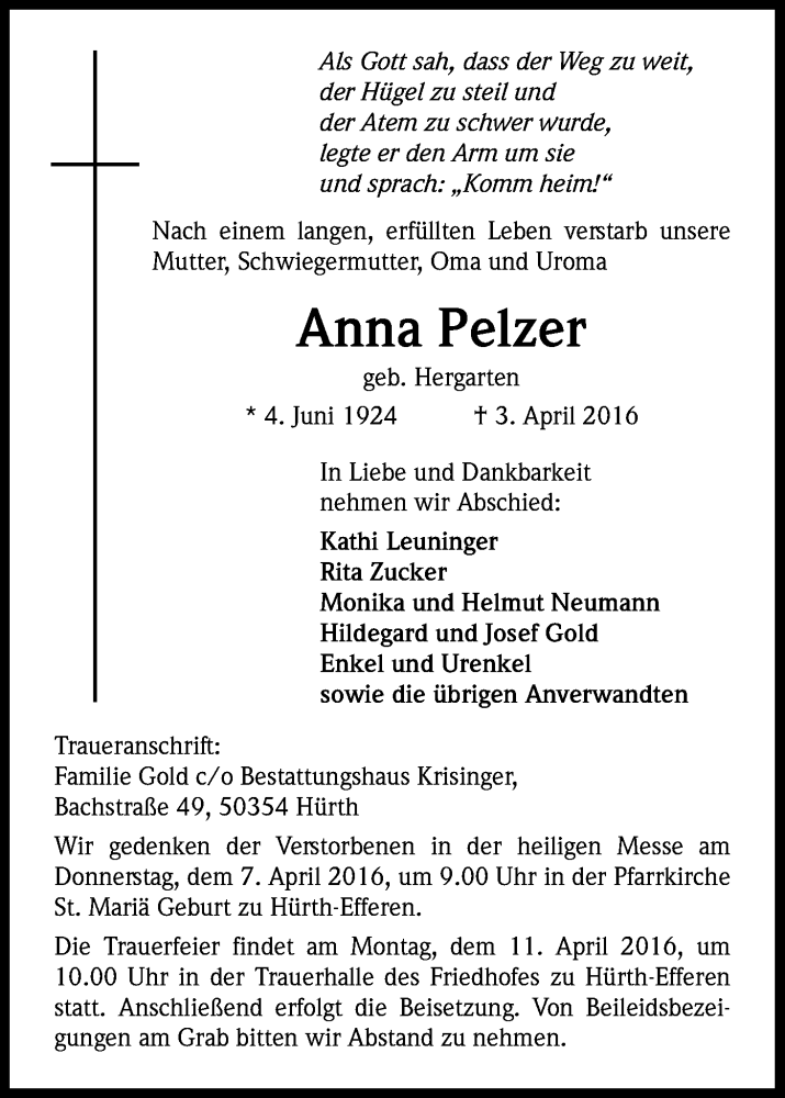  Traueranzeige für Anna Pelzer vom 06.04.2016 aus Kölner Stadt-Anzeiger / Kölnische Rundschau / Express