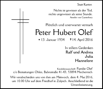 Anzeige von Peter Hubert Olef von  Blickpunkt Euskirchen 