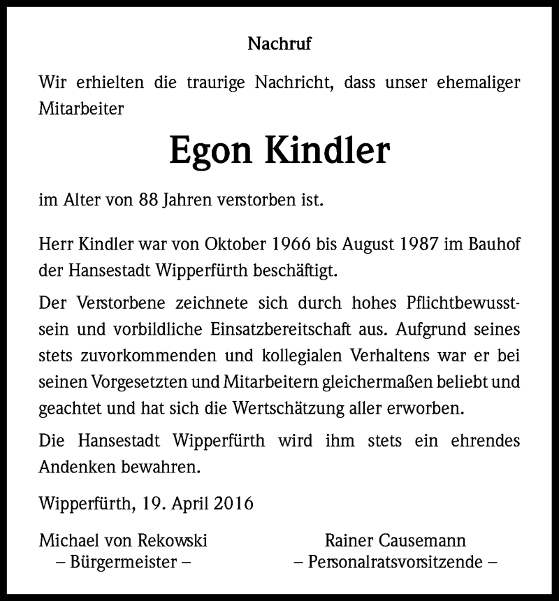  Traueranzeige für Egon Kindler vom 21.04.2016 aus Kölner Stadt-Anzeiger / Kölnische Rundschau / Express