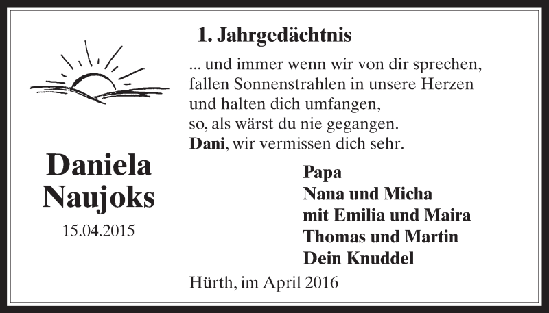  Traueranzeige für Daniela Naujoks vom 13.04.2016 aus  Wochenende 