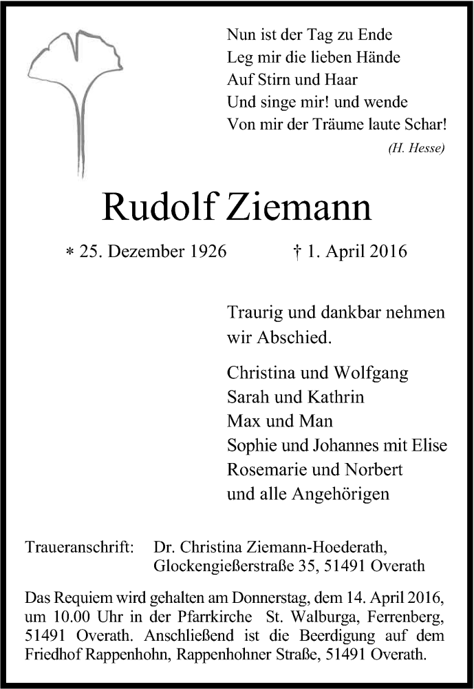  Traueranzeige für Rudolf Ziemann vom 09.04.2016 aus Kölner Stadt-Anzeiger / Kölnische Rundschau / Express