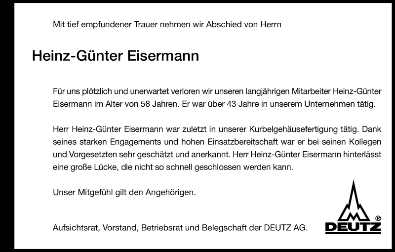  Traueranzeige für Heinz-Günter Eisermann vom 09.04.2016 aus Kölner Stadt-Anzeiger / Kölnische Rundschau / Express
