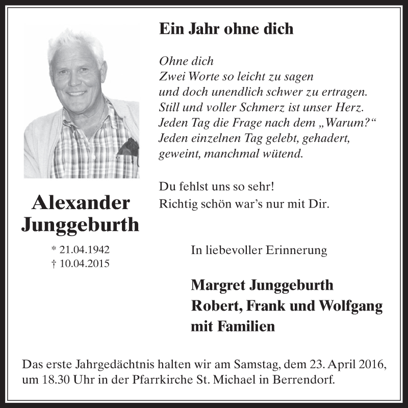  Traueranzeige für Alexander Junggeburth vom 13.04.2016 aus  Werbepost 