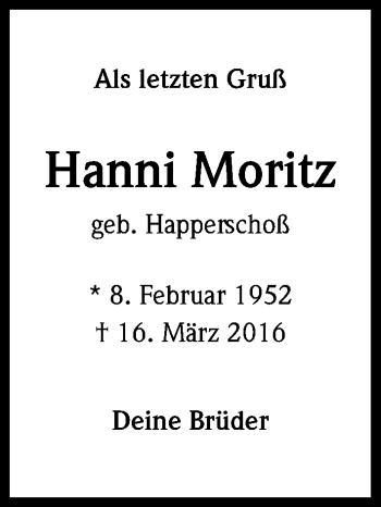 Anzeige von Hanni Moritz von Kölner Stadt-Anzeiger / Kölnische Rundschau / Express