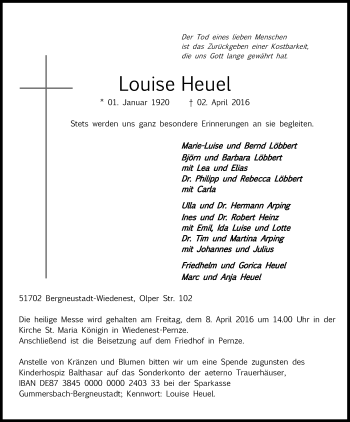 Anzeige von Louise Heuel von Kölner Stadt-Anzeiger / Kölnische Rundschau / Express