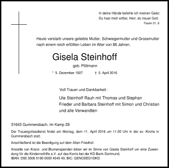 Anzeige von Gisela Steinhoff von Kölner Stadt-Anzeiger / Kölnische Rundschau / Express