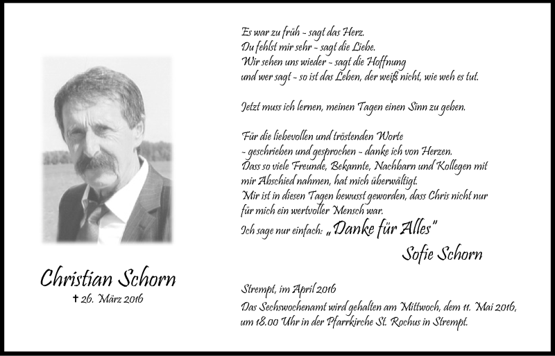  Traueranzeige für Christian Schorn vom 30.04.2016 aus  Blickpunkt Euskirchen 