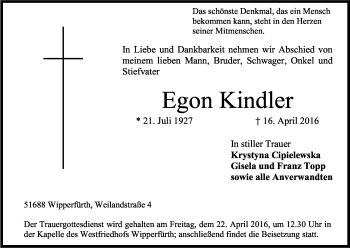 Anzeige von Egon Kindler von Kölner Stadt-Anzeiger / Kölnische Rundschau / Express