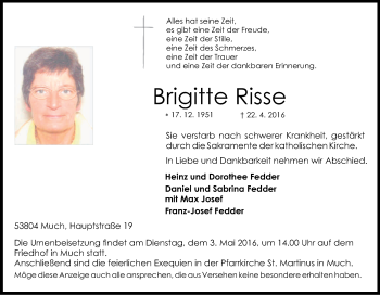 Anzeige von Brigitte Risse von Kölner Stadt-Anzeiger / Kölnische Rundschau / Express