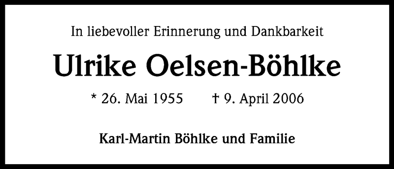  Traueranzeige für Ulrike Oelsen-Böhlke vom 09.04.2016 aus Kölner Stadt-Anzeiger / Kölnische Rundschau / Express