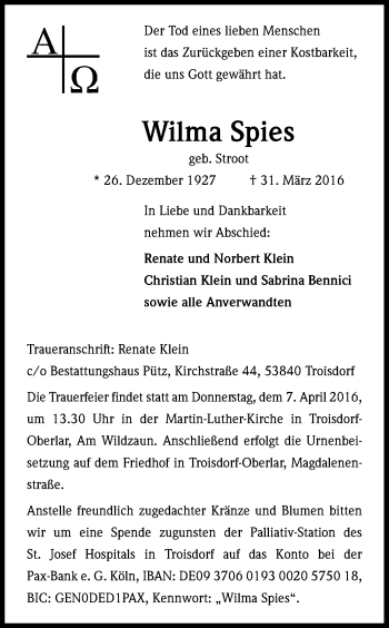 Anzeige von Wilma Spies von Kölner Stadt-Anzeiger / Kölnische Rundschau / Express