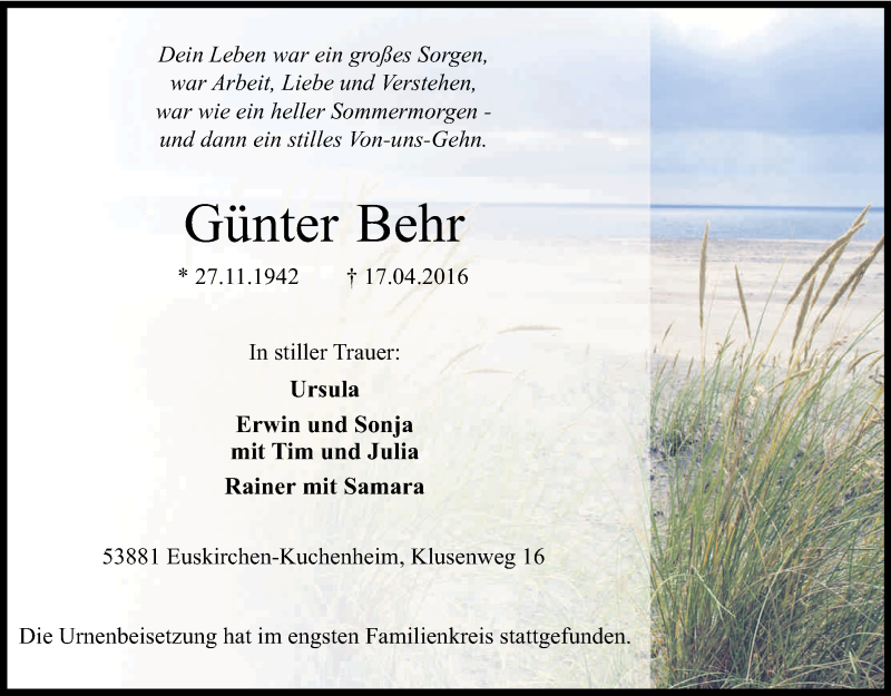  Traueranzeige für Günter Behr vom 29.04.2016 aus Kölner Stadt-Anzeiger / Kölnische Rundschau / Express