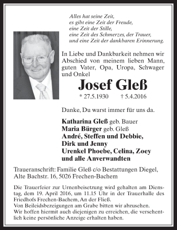 Anzeige von Josef Gleß von  Wochenende 