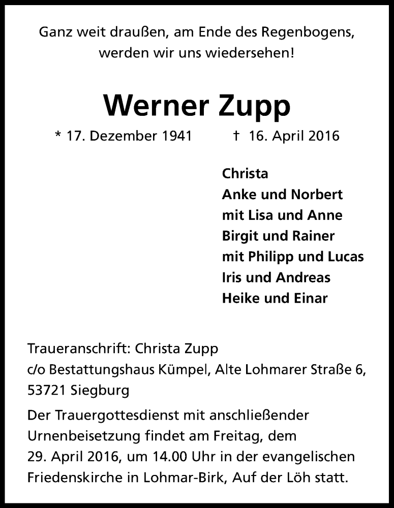  Traueranzeige für Werner Zupp vom 23.04.2016 aus Kölner Stadt-Anzeiger / Kölnische Rundschau / Express