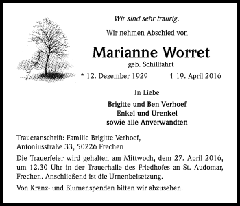Anzeige von Marianne Worret von Kölner Stadt-Anzeiger / Kölnische Rundschau / Express