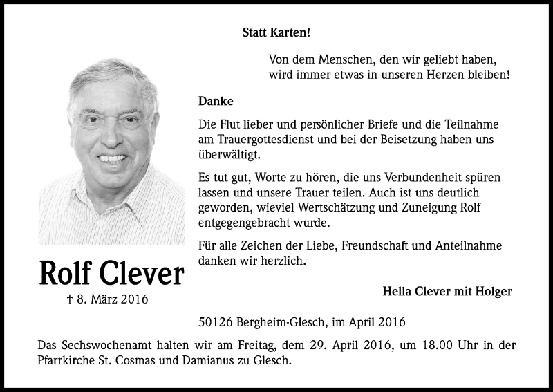  Traueranzeige für Rolf Clever vom 23.04.2016 aus Kölner Stadt-Anzeiger / Kölnische Rundschau / Express