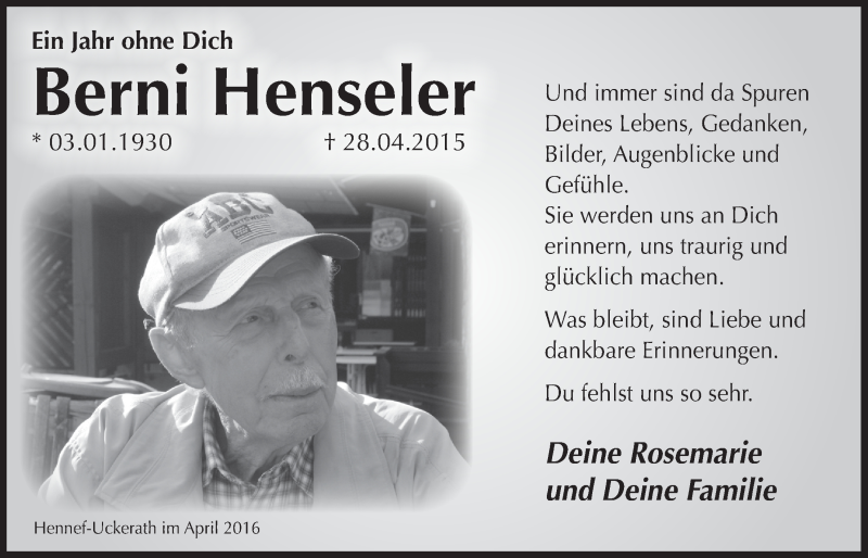  Traueranzeige für Berni Henseler vom 27.04.2016 aus  Extra Blatt 