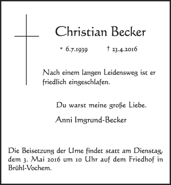 Anzeige von Christian Becker von  Schlossbote/Werbekurier 