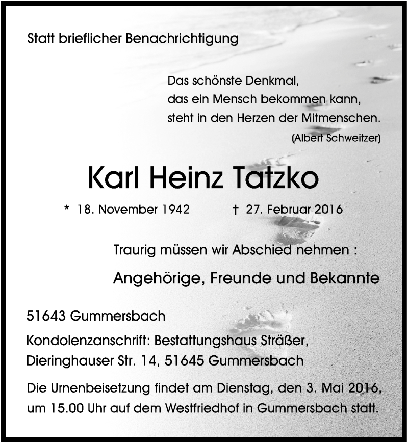  Traueranzeige für Karl Heinz Tatzko vom 27.04.2016 aus  Anzeigen Echo 
