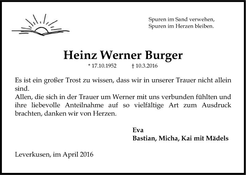  Traueranzeige für Heinz Werner Burger vom 23.04.2016 aus Kölner Stadt-Anzeiger / Kölnische Rundschau / Express