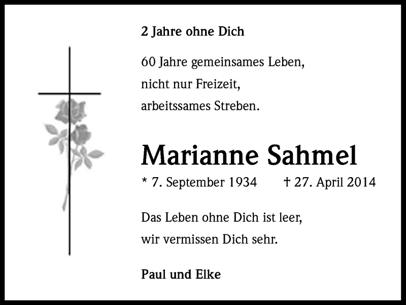  Traueranzeige für Marianne Sahmel vom 27.04.2016 aus Kölner Stadt-Anzeiger / Kölnische Rundschau / Express