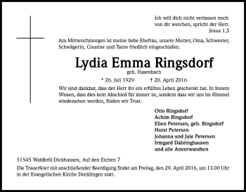 Anzeige von Lydia Emma Ringsdorf von Kölner Stadt-Anzeiger / Kölnische Rundschau / Express
