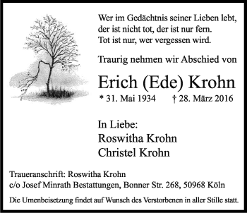 Anzeige von Erich Krohn von Kölner Stadt-Anzeiger / Kölnische Rundschau / Express
