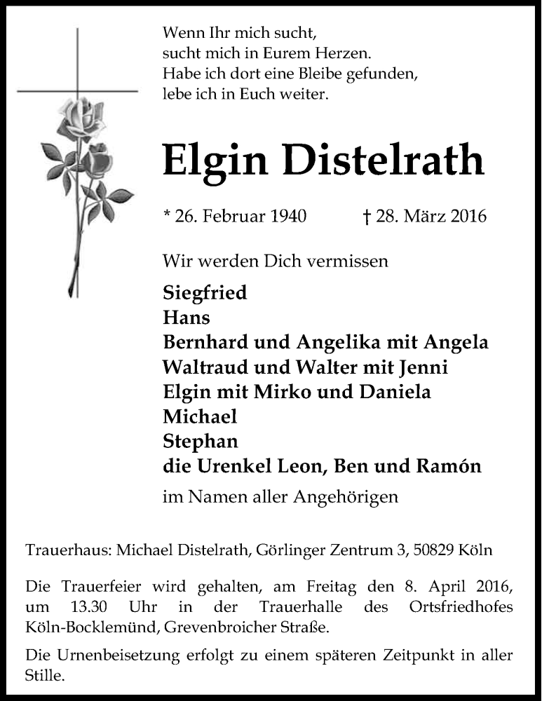  Traueranzeige für Elgin Distelrath vom 04.04.2016 aus Kölner Stadt-Anzeiger / Kölnische Rundschau / Express