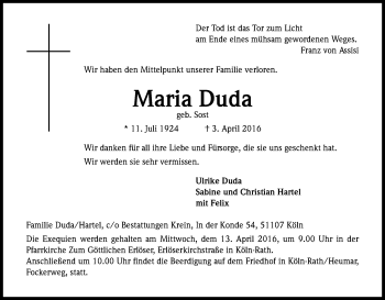 Anzeige von Maria Duda von Kölner Stadt-Anzeiger / Kölnische Rundschau / Express